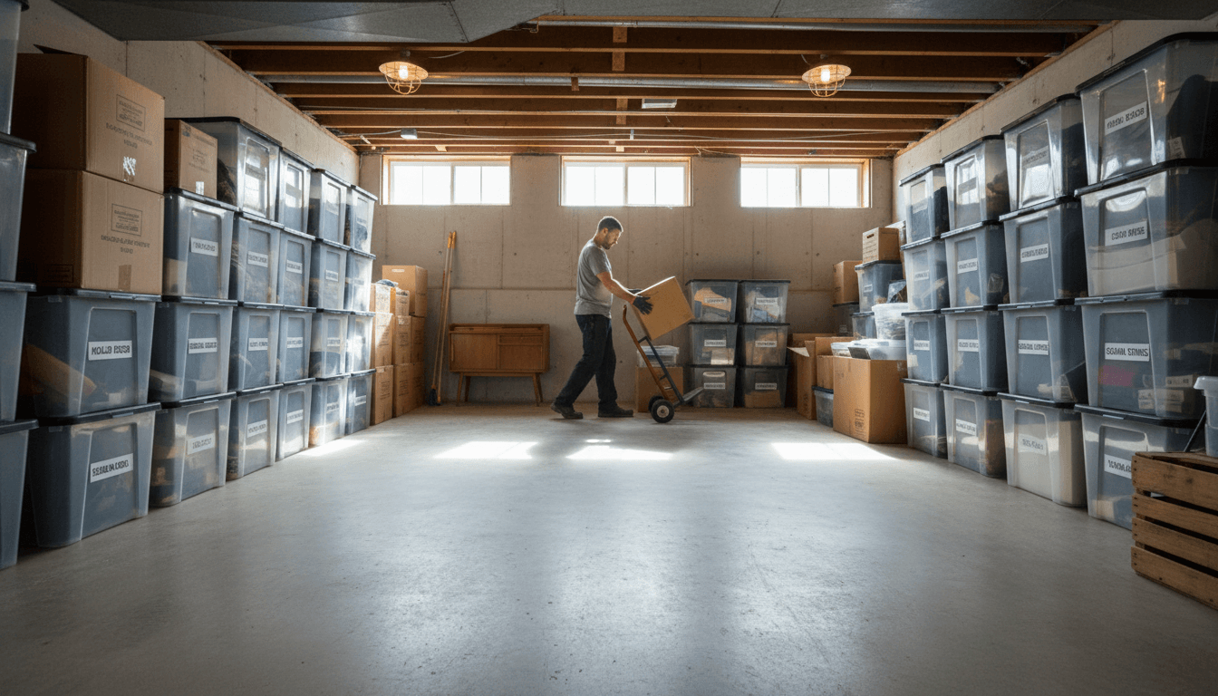 Basement space being organized during a professional cleanout project