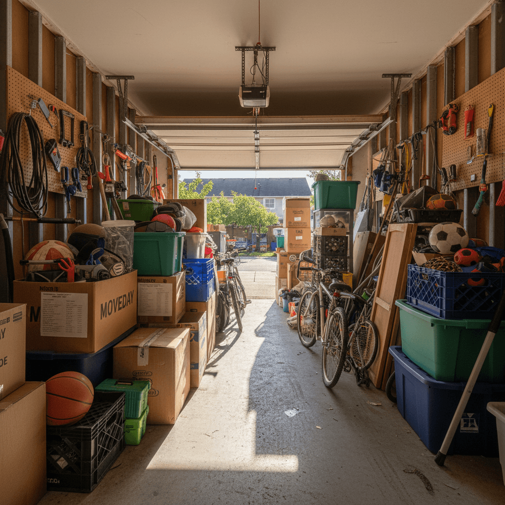 Cluttered garage full of boxes and items ready for cleanout