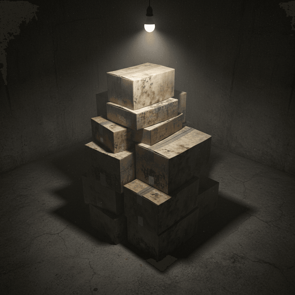 Stacked cardboard boxes in a basement showing age and storage wear