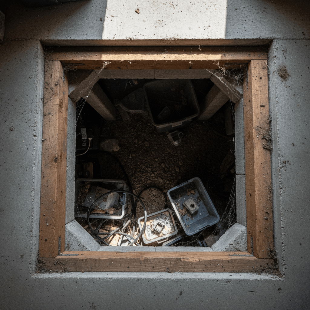 Dark cramped crawlspace with storage items and wooden joists
