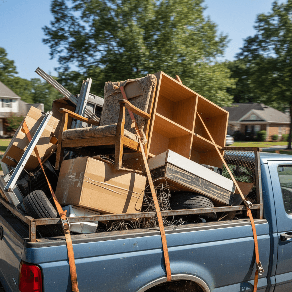 Pickup truck loaded with furniture, boxes, and debris ready for disposal