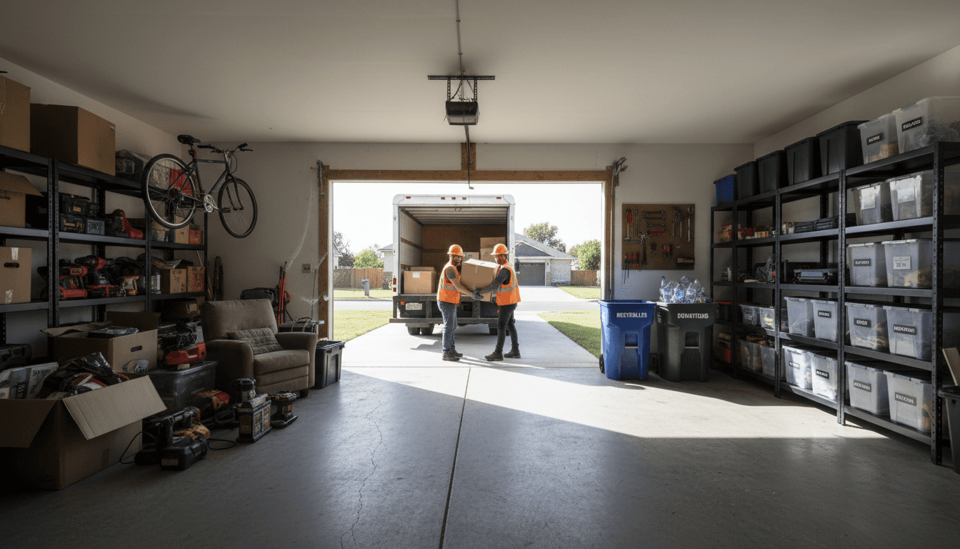 Person organizing and clearing out a residential garage with morning light