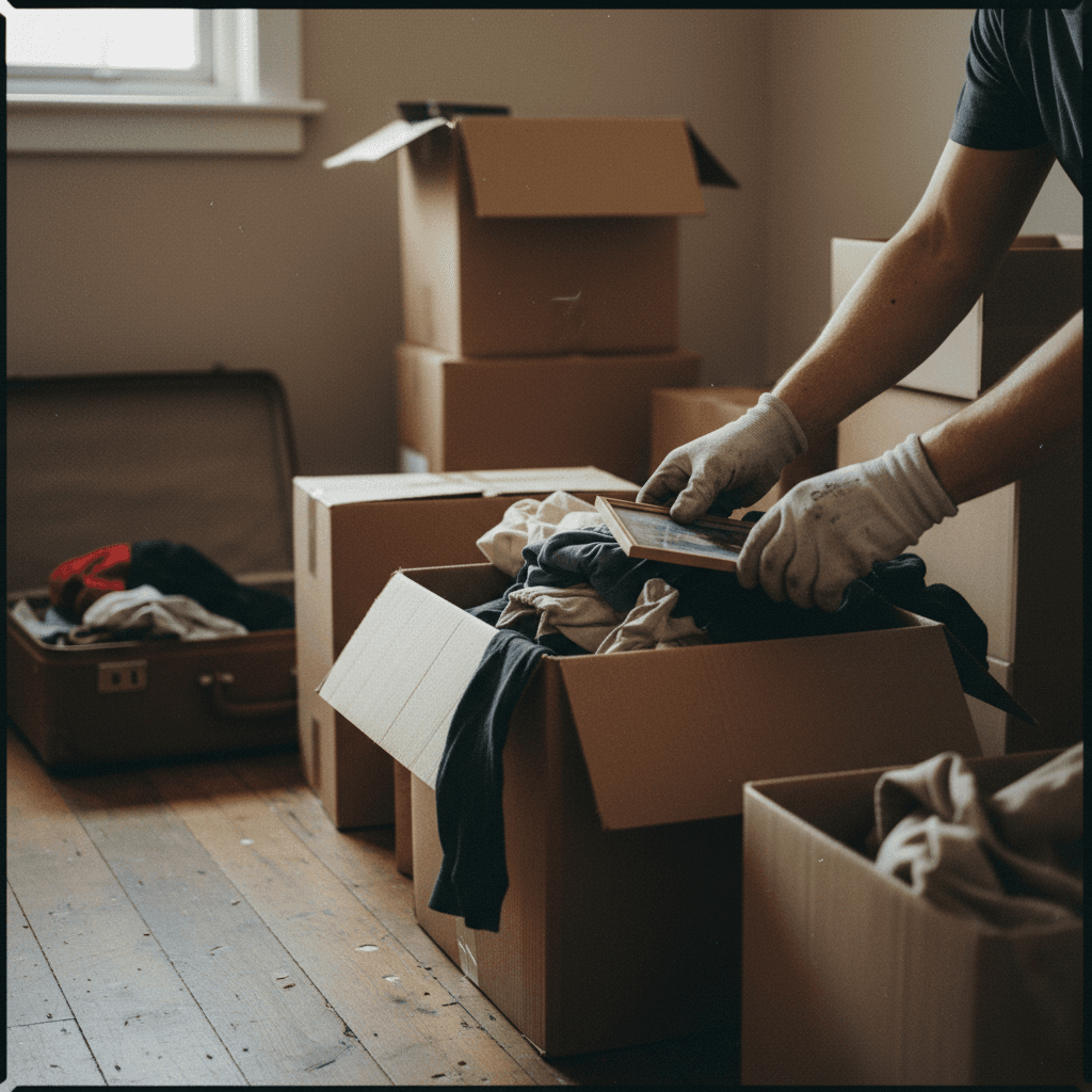 Hands sorting through boxes during a garage cleanout