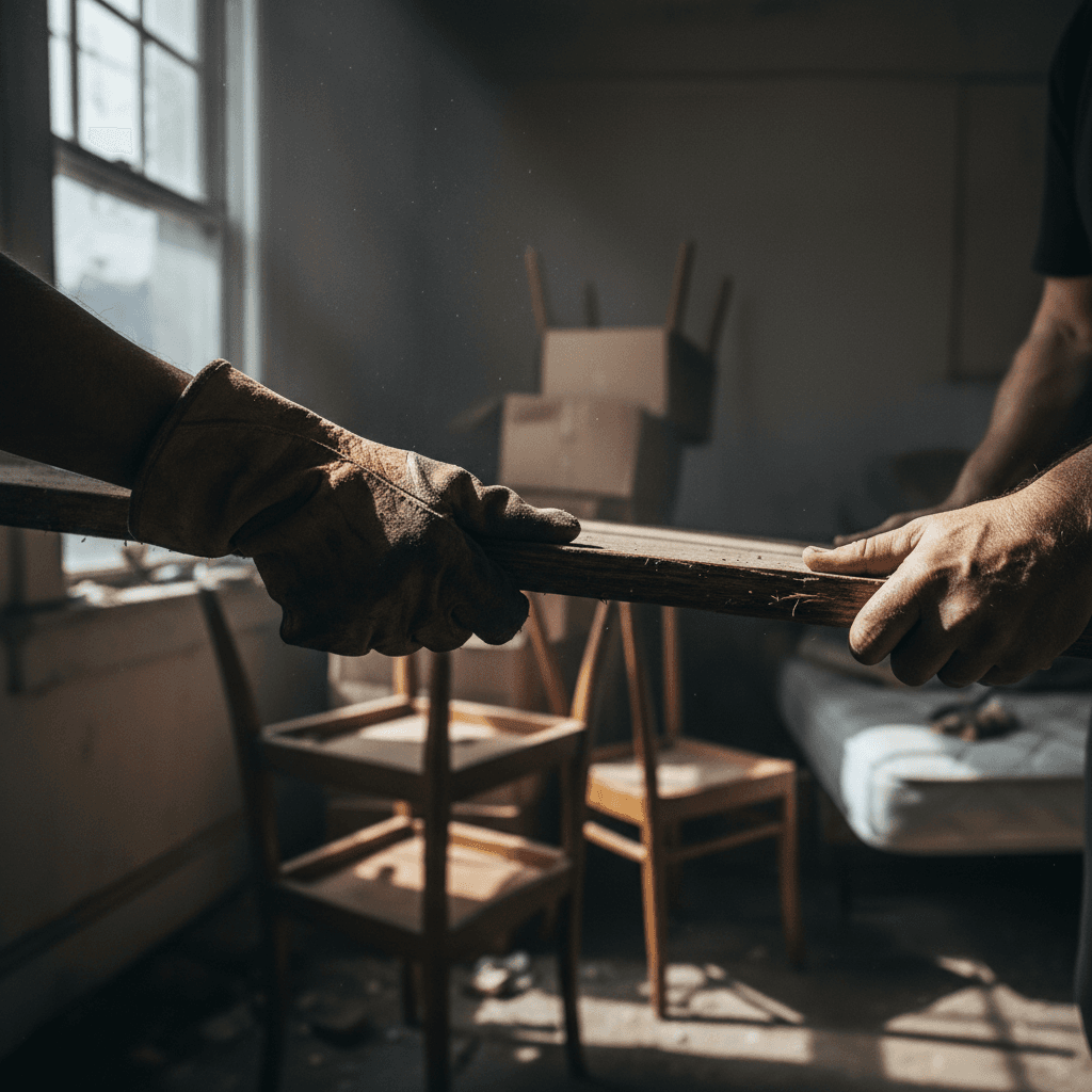 Hands clearing items from a cluttered garage shelf during a professional cleanout